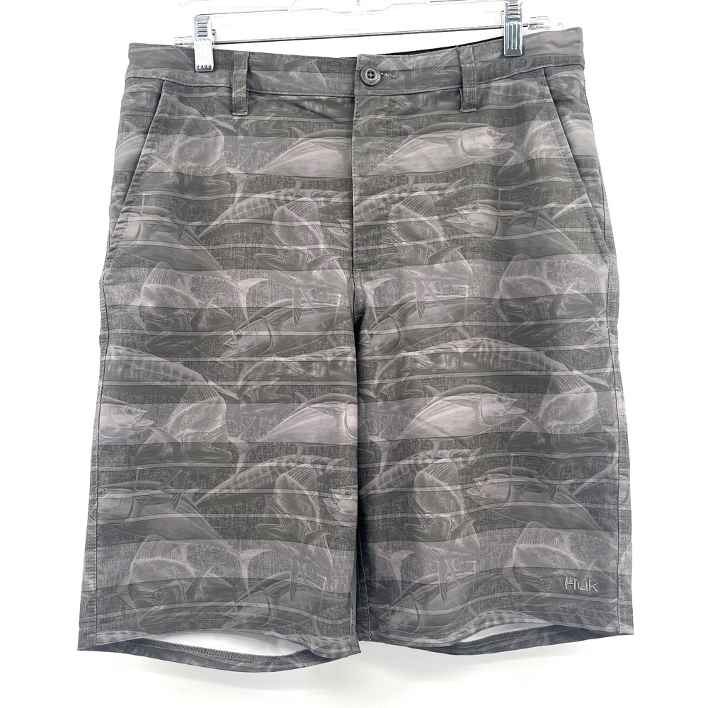 HUK Performance Men's Sz 32 Gray Fish Print Polyester/Spandex 10" Fishing Shorts